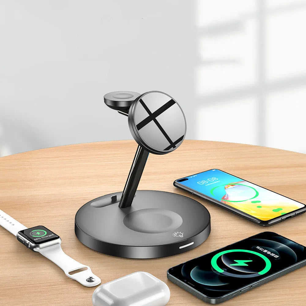 Magnetic three-in-one wireless fast charger in black with USB interface and data cable