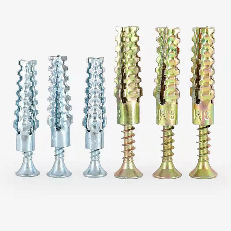 Metal Christmas tree barbed expansion tube screws in various sizes for concrete and brick walls.