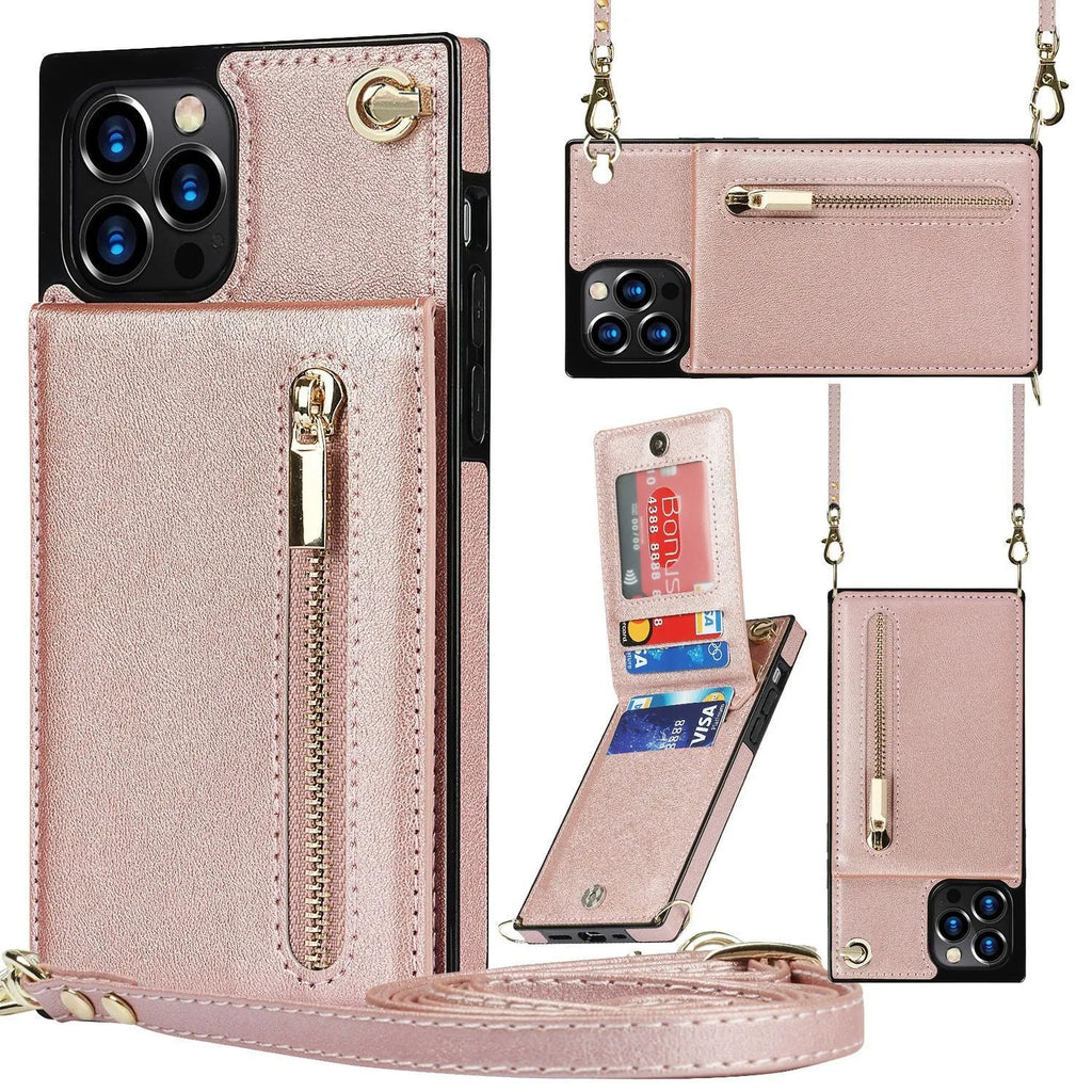 A simple black mobile phone case made from TPU and leather, shown next to purple and rose gold colour options.