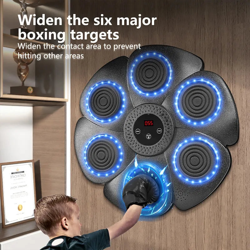 Black smart boxing wall target with lights, paired with half-finger boxing gloves, for indoor training.