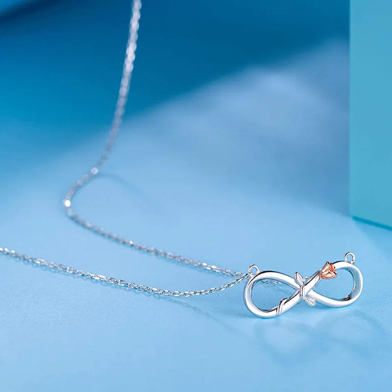 Double Fair S925 silver infinity symbol rose necklace on adjustable chain, two colour options