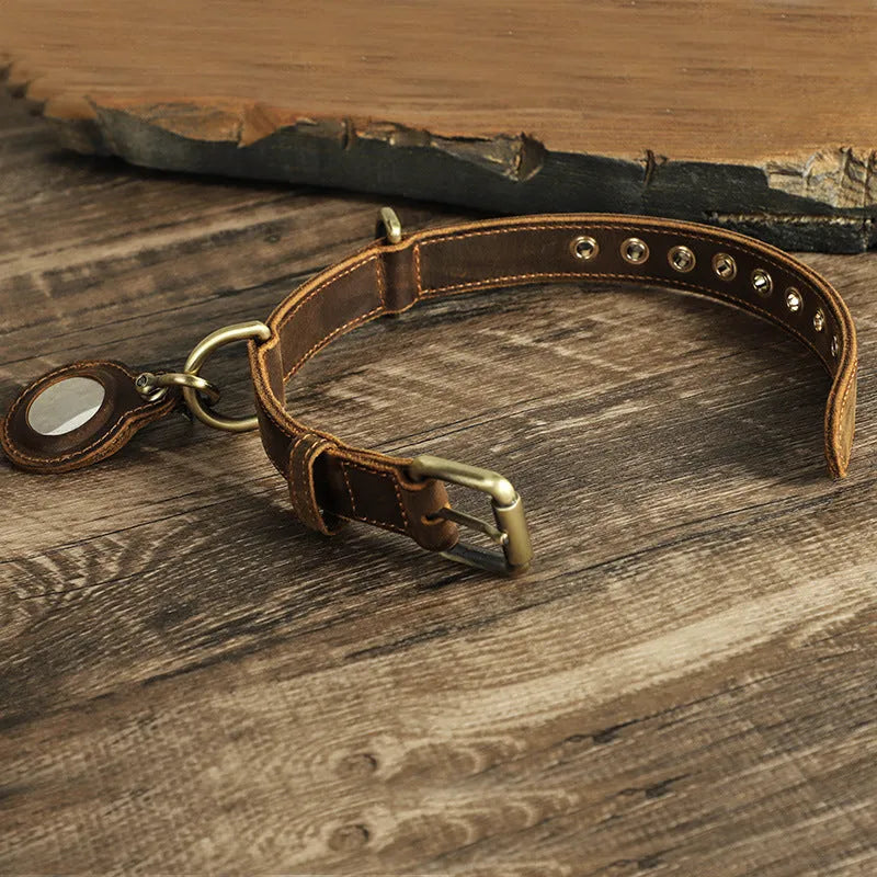 Brown handmade genuine leather dog collar with retro styling and halter positioning clasp