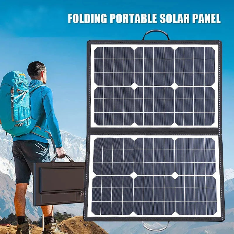 Black 40W folding solar charger bag showing compact folded size and single crystal panel.