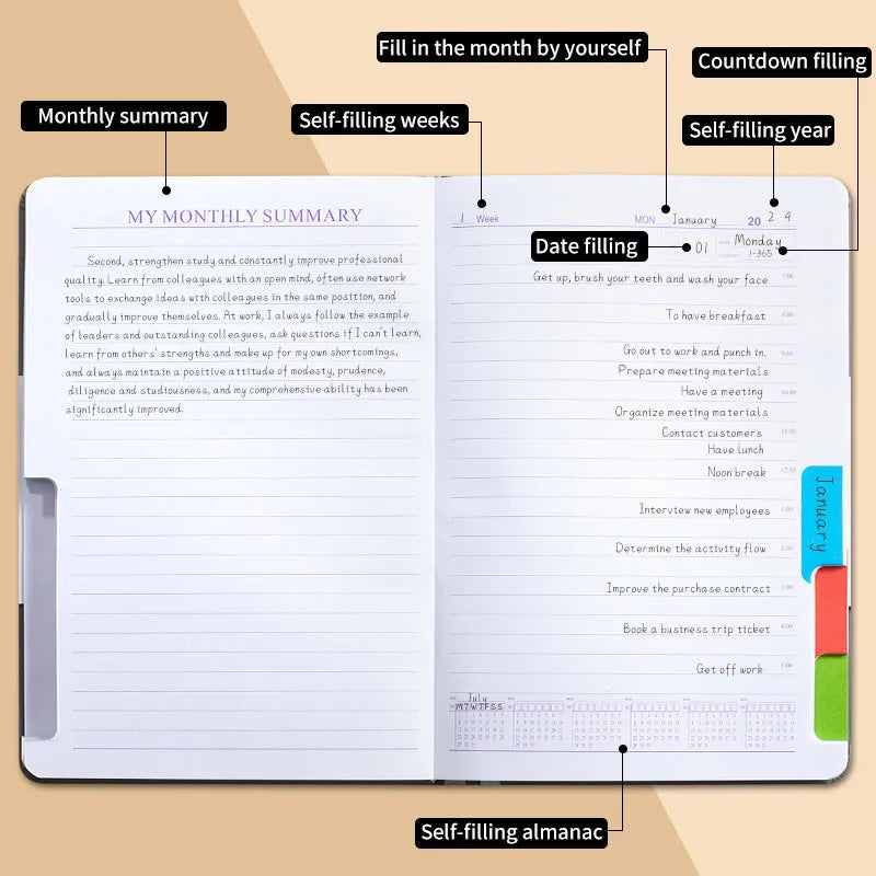 No-date notebook with thread binding, PU cover in multiple colours, shown open on 80g wood-free paper.