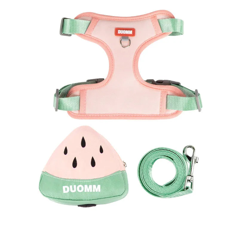 Fruit-themed pet backpack and matching anti-slip chest harness set for dogs and cats