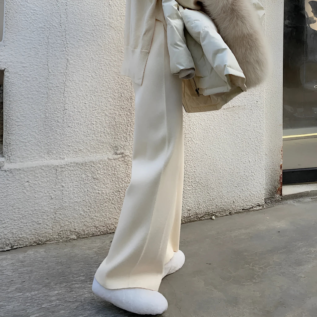 Women's knitted wide-leg high waist trousers in straight-leg style for autumn winter casual wear