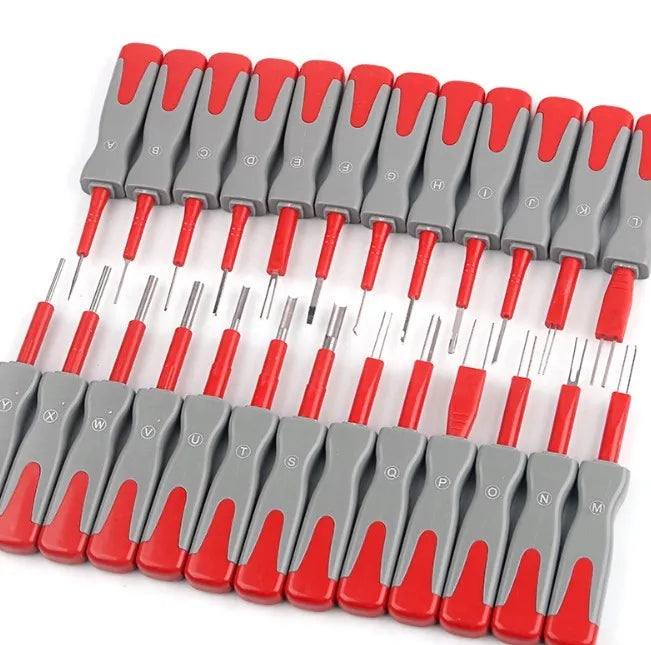25-piece car terminal removal tool kit in a black storage box for electrical connector disassembly.