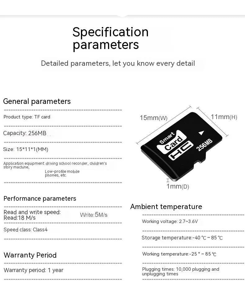 256MB TF format memory card shown with dimensions 11mm by 15mm.