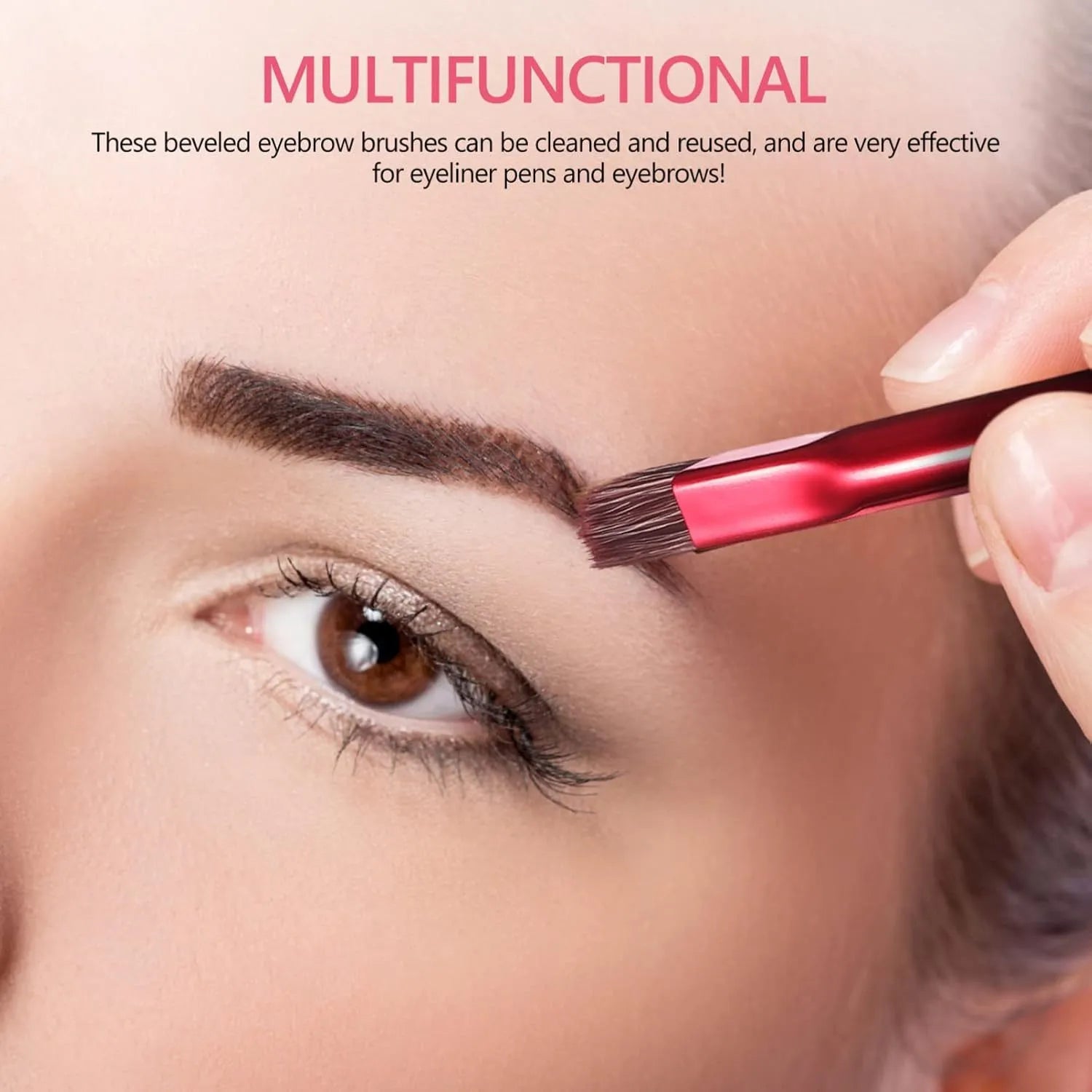 Square angled eyebrow stamp brush with synthetic fibre bristles and an ergonomic brown handle on a white background.
