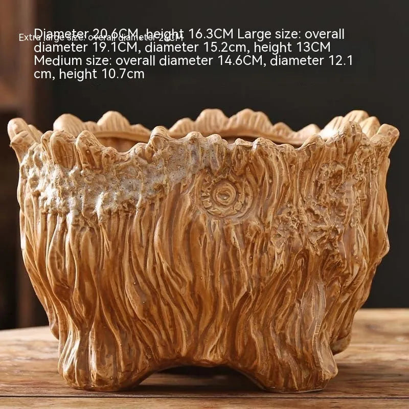 Ceramic wood-shaped tree root flower pot with green plant, large size, pastoral style for home gardening