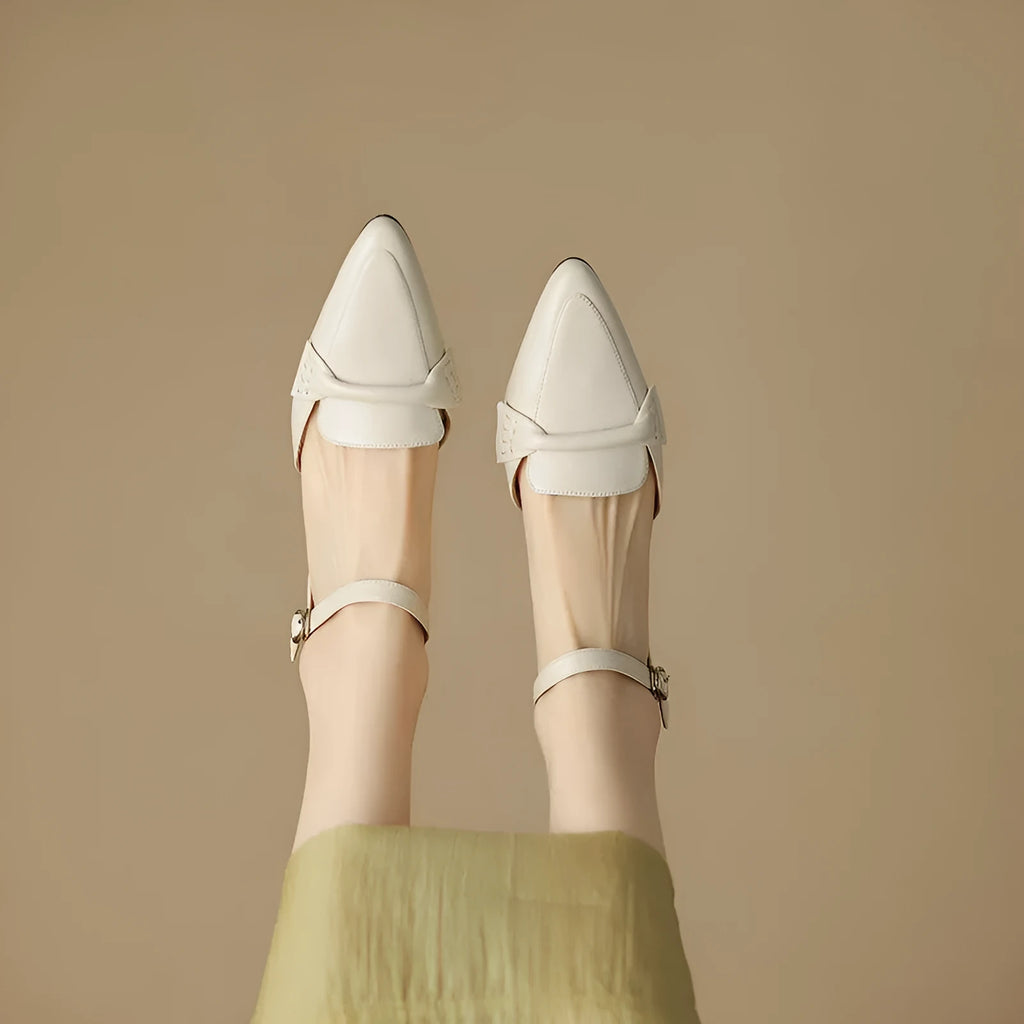 Women's pointed toe chunky heel sandals in apricot sheepskin with closed toe and TPR sole