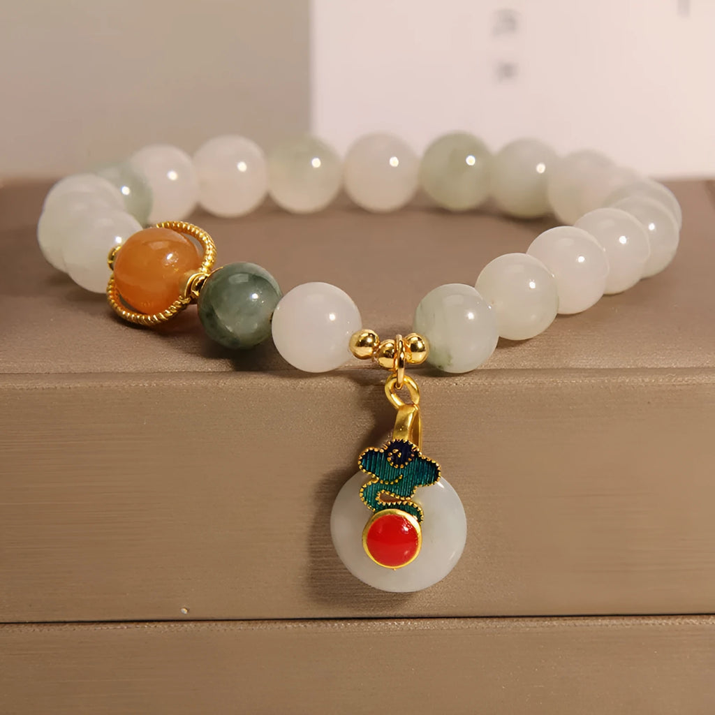 Women's ice jade crystal bracelet with xiangyun peace jade buckle and pearl accents