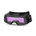 Black automatic darkening welding mask glasses showing large rectangular viewing lens.