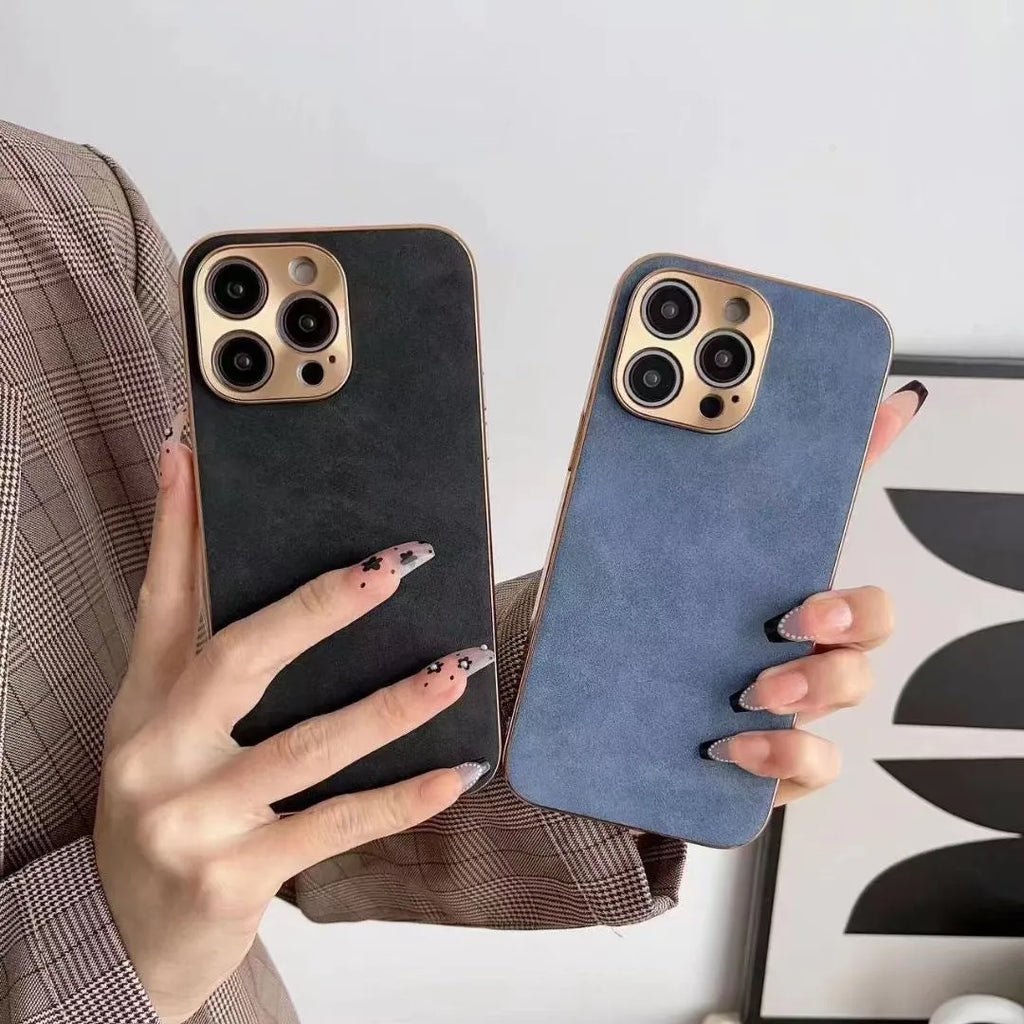 Leather texture solid colour TPU phone case for iPhone, shown in grey, black, grey-green, and blue.