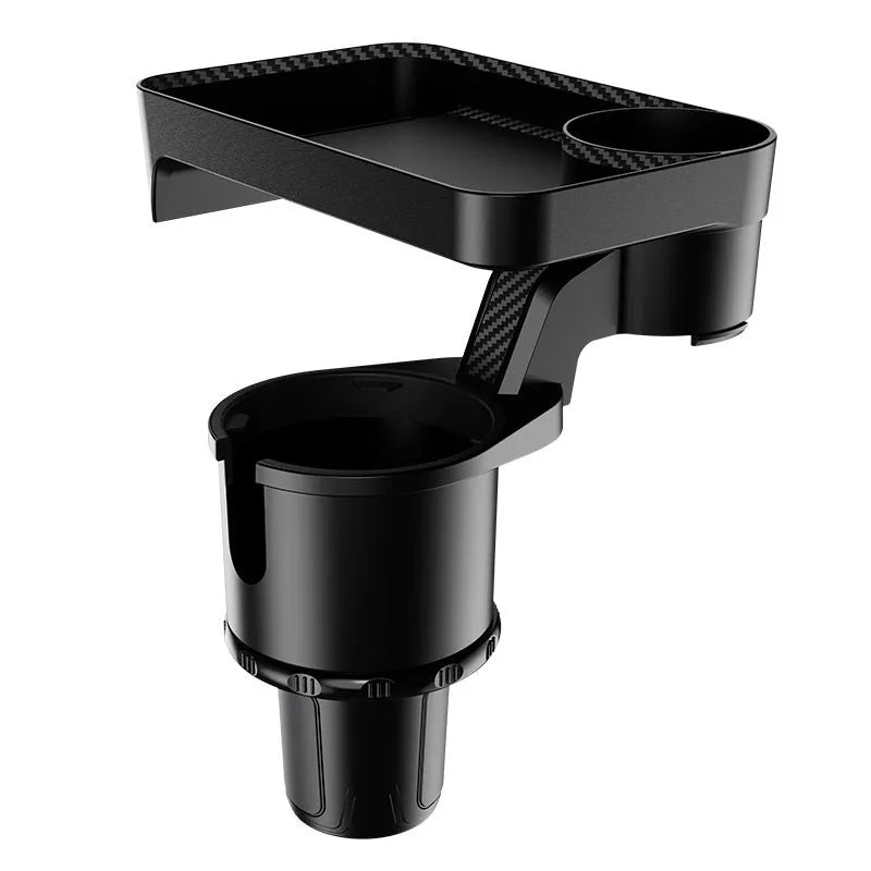 Black rotating car dinner tray holder mounted in a vehicle cup holder.