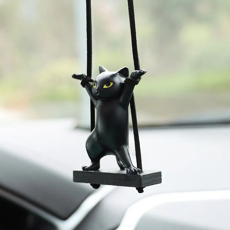 Resin cat pendant for car interior with adjustable 25cm rope in cartoon style