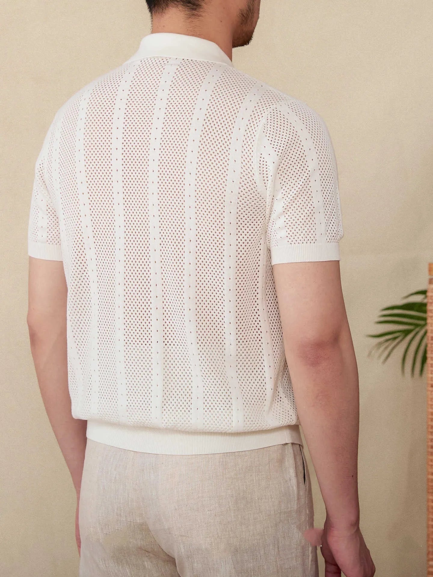 Men's short sleeve lapel collar cardigan shirt in striped pattern, available in creamy-white, black, and brown colours