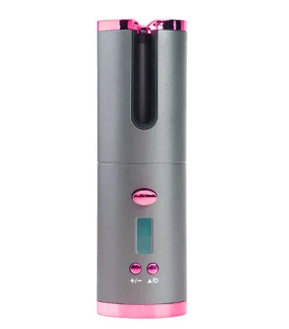 Black rechargeable automatic hair curler with LCD display and ceramic tourmaline curling barrel.