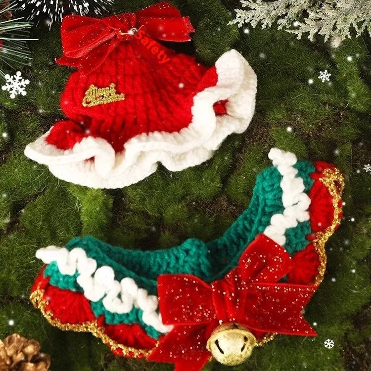 Christmas pet scarf wool accessory for dogs cats in festive patterns snowflake Santa Claus lucky deer