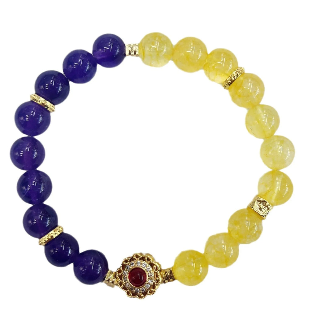 Handmade women's yellow and purple crystal bracelet with amethyst beads