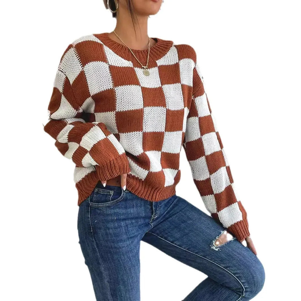 Dark brown women's plaid pullover sweater with long sleeves and a loose fit.