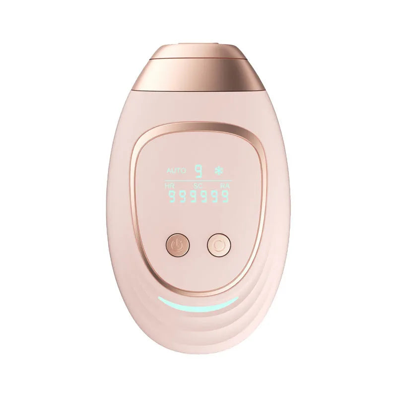 Pink and white three-in-one ice-sensing laser hair removal device with included shaver and safety glasses