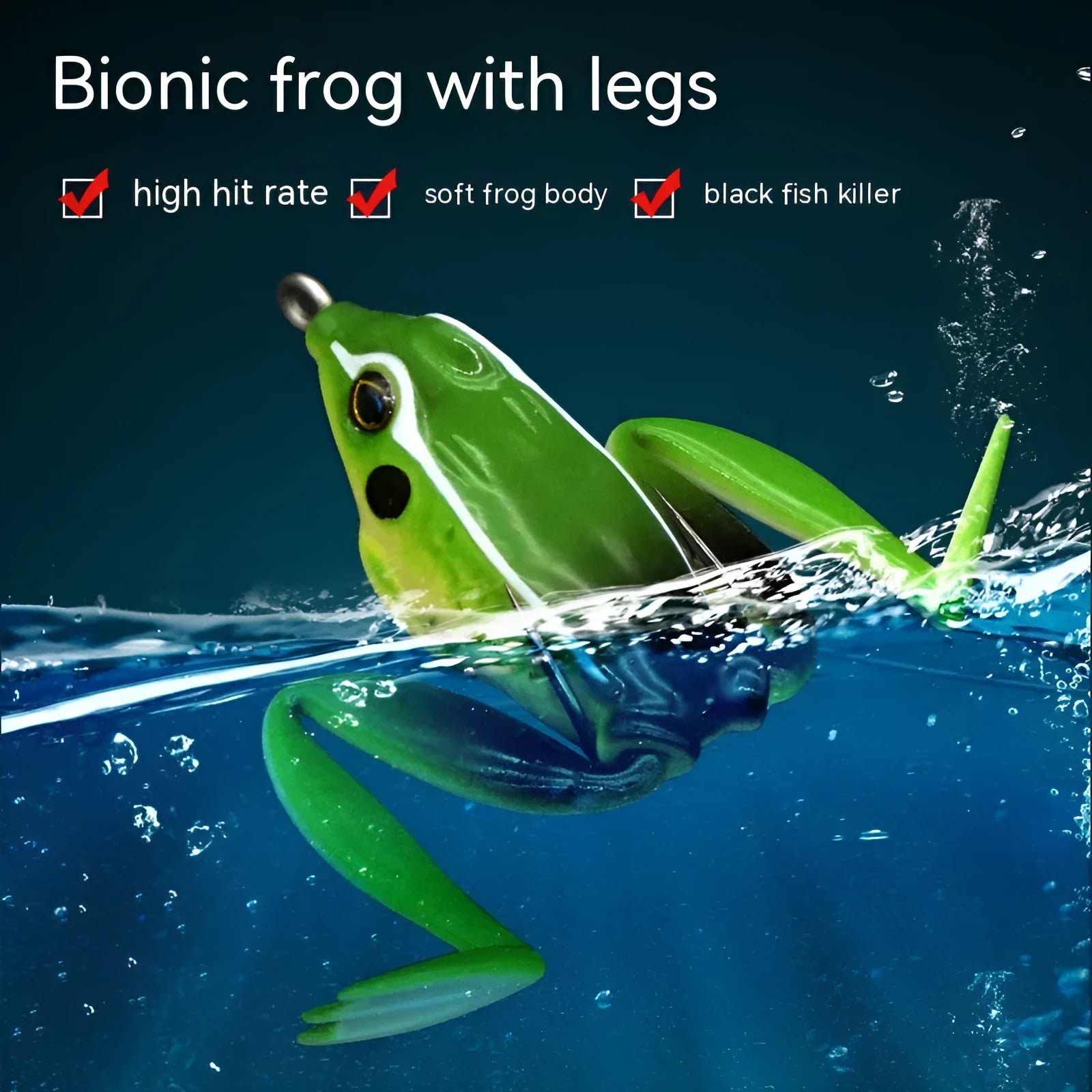 Bionic thunder frog snake head fishing bait with double hooks in grass green and black yellow dots colour