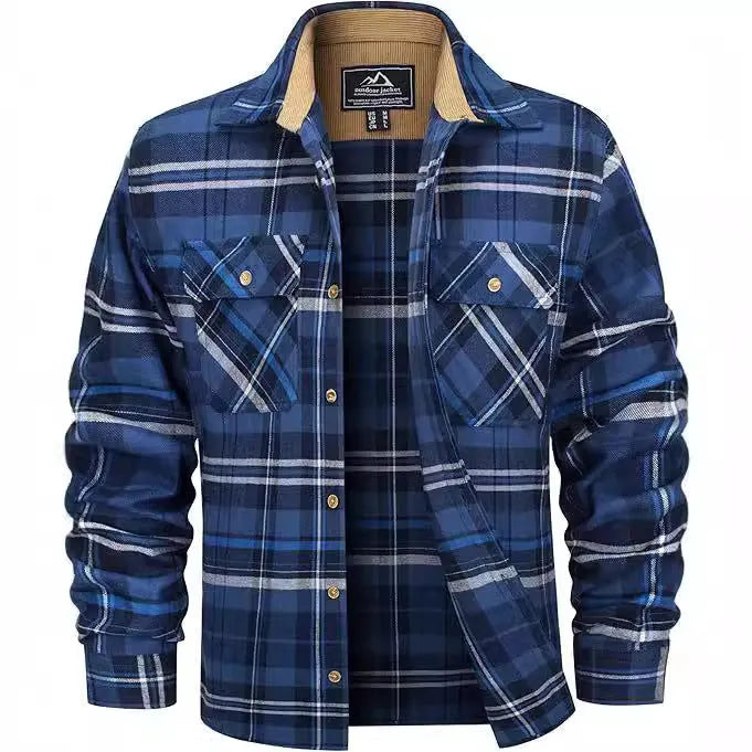 Men's plaid flannel button shirt in polyester fabric showing colour options including green, navy, and orange patterns