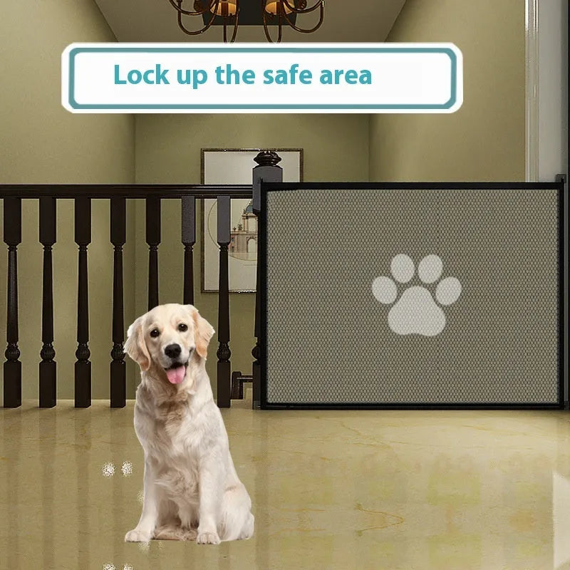 Portable folding dog barrier net fence with pet doorsill design showing black dog footprints