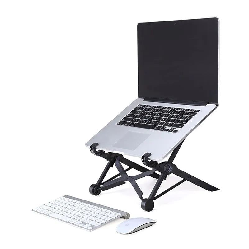 Portable folding laptop stand in sagacious black showing compact 40cm folded size with carrying case
