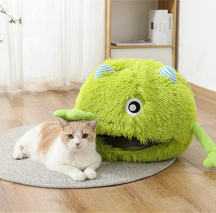 Fluffy round plush cat bed with a non-slip base in three sizes: small, medium, and large.