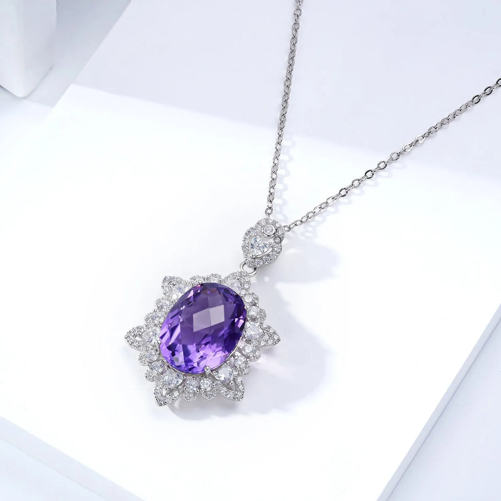 Natural amethyst pendant necklace in 925 silver, geometric design, white gold colour