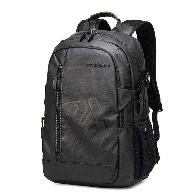 Casual plaid computer backpack in blue with curved shoulder strap showing 18-inch laptop compartment