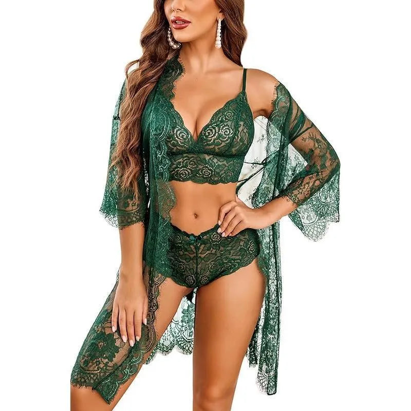 Ladies lace underwear set in apricot colour showing front detail, made from soft polyester fabric.