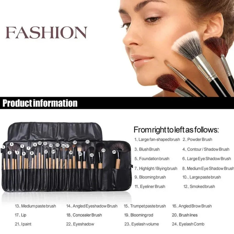 24 professional makeup brushes with wooden handles in PU gift bag