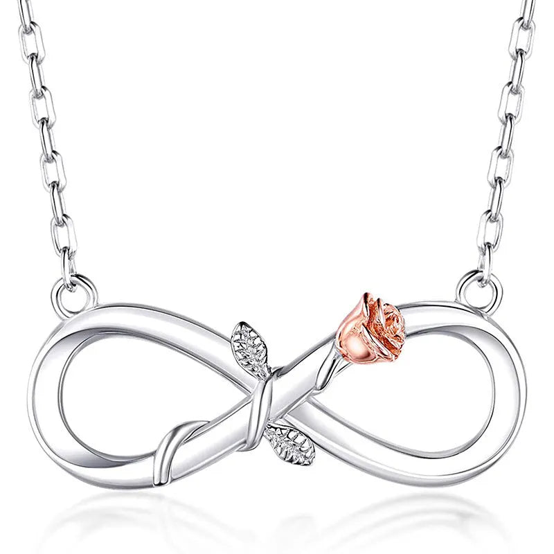 Double Fair S925 silver infinity symbol rose necklace on adjustable chain, two colour options