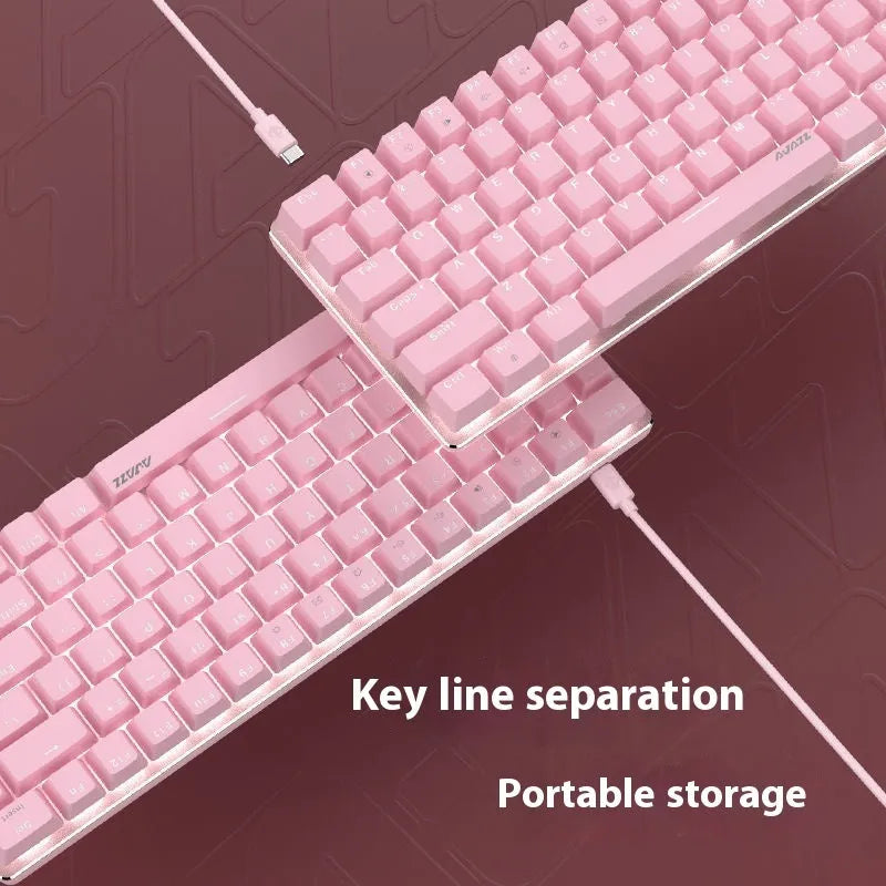 Pink mechanical gaming keyboard with 82 keys and white backlighting
