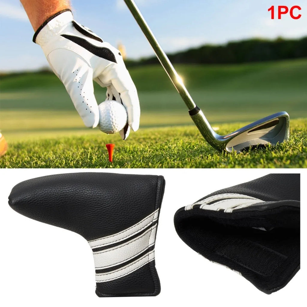 Black PU leather golf push rod sleeve case for storing a club head cover.