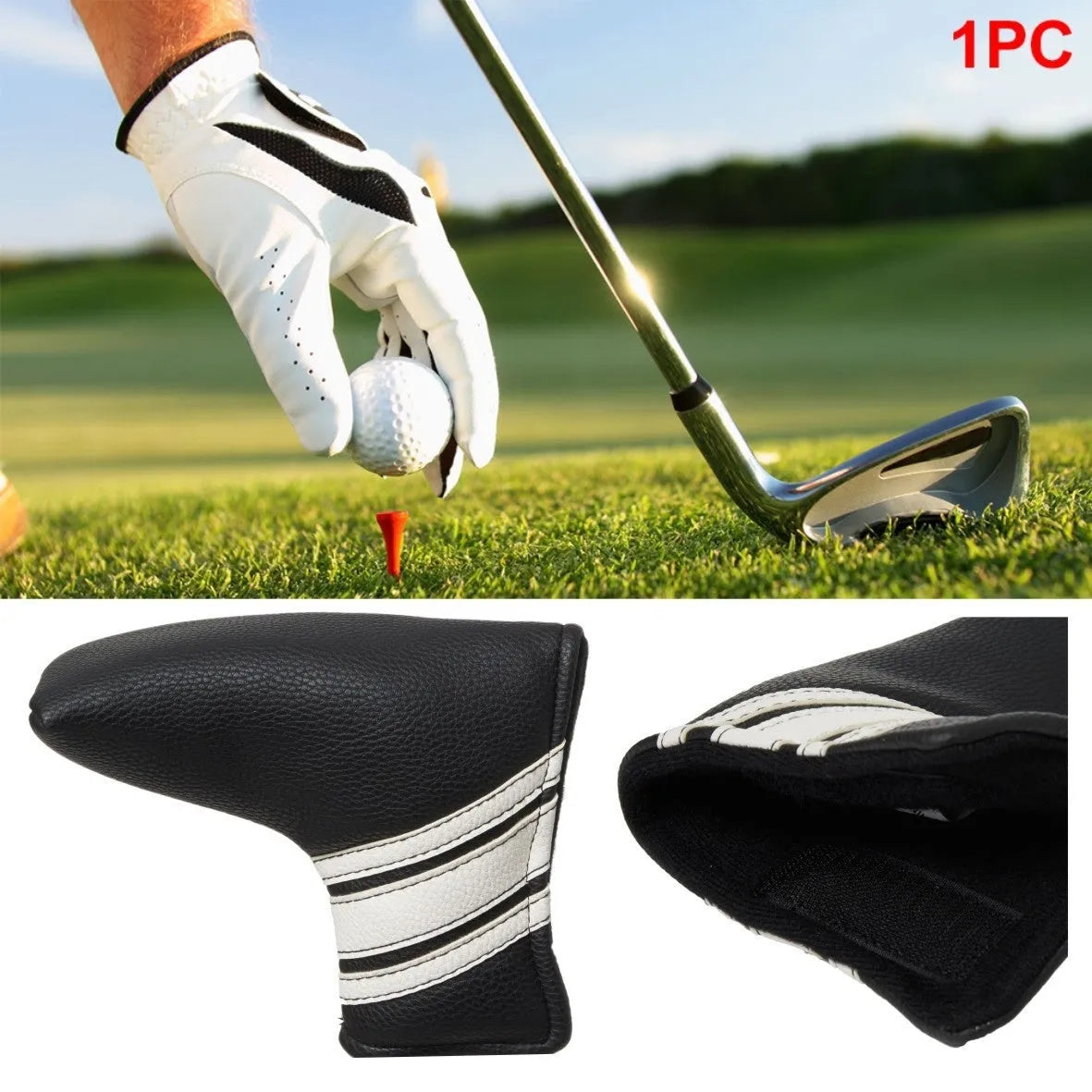 Black PU leather golf push rod sleeve case for storing a club head cover.