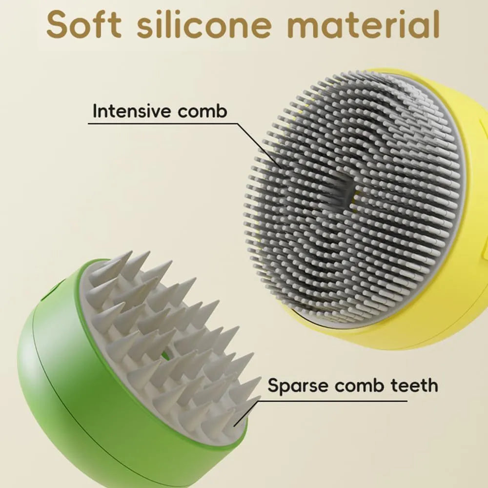 Green or yellow rechargeable pet steam brush with silicone bristles for grooming cats and dogs.