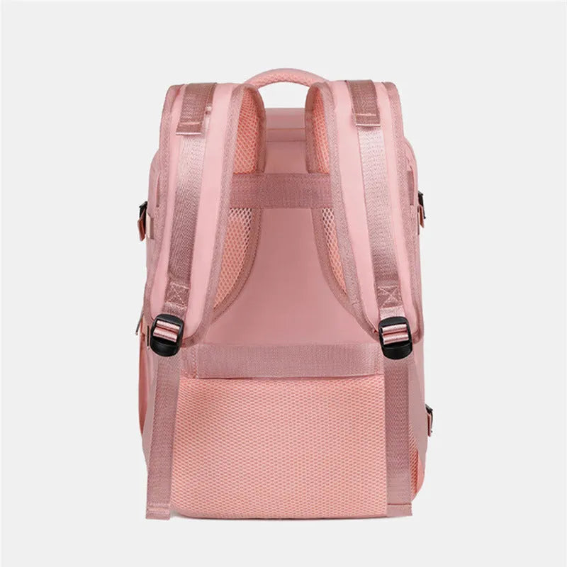 Large-capacity purple travel backpack with multiple compartments and air-pillow straps for organised travel