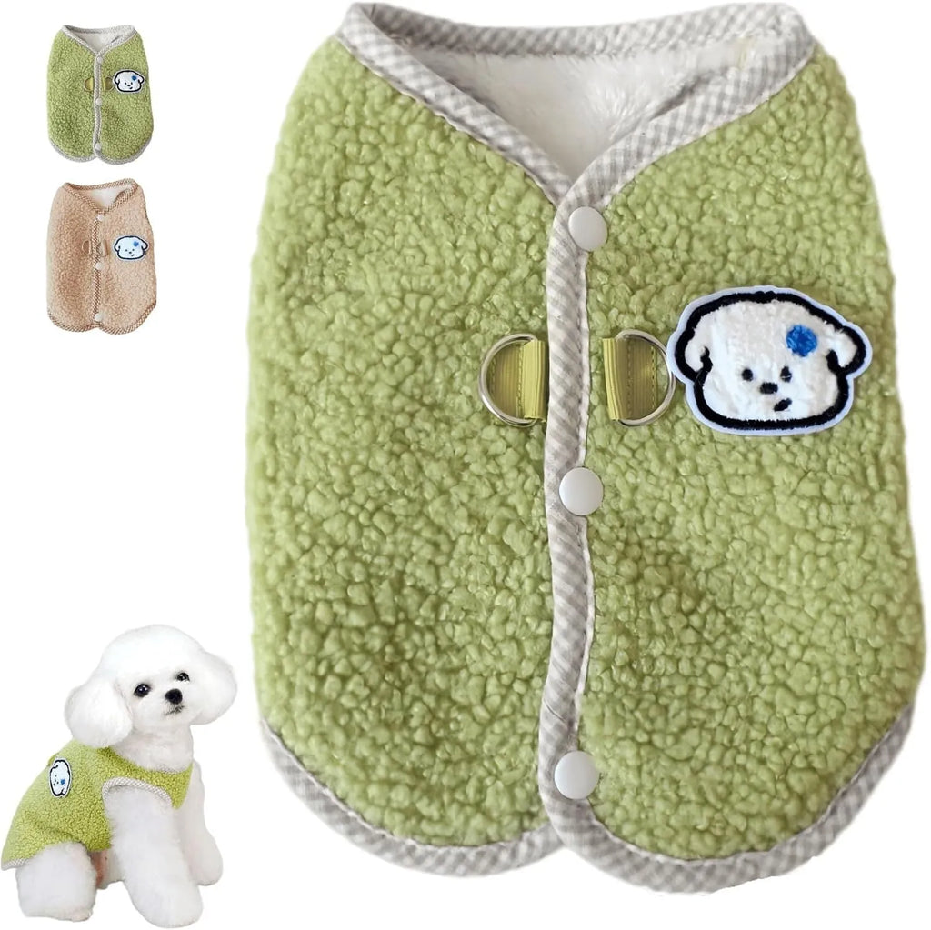 Green thickened coral fleece dog vest with a metal leash ring on the back.
