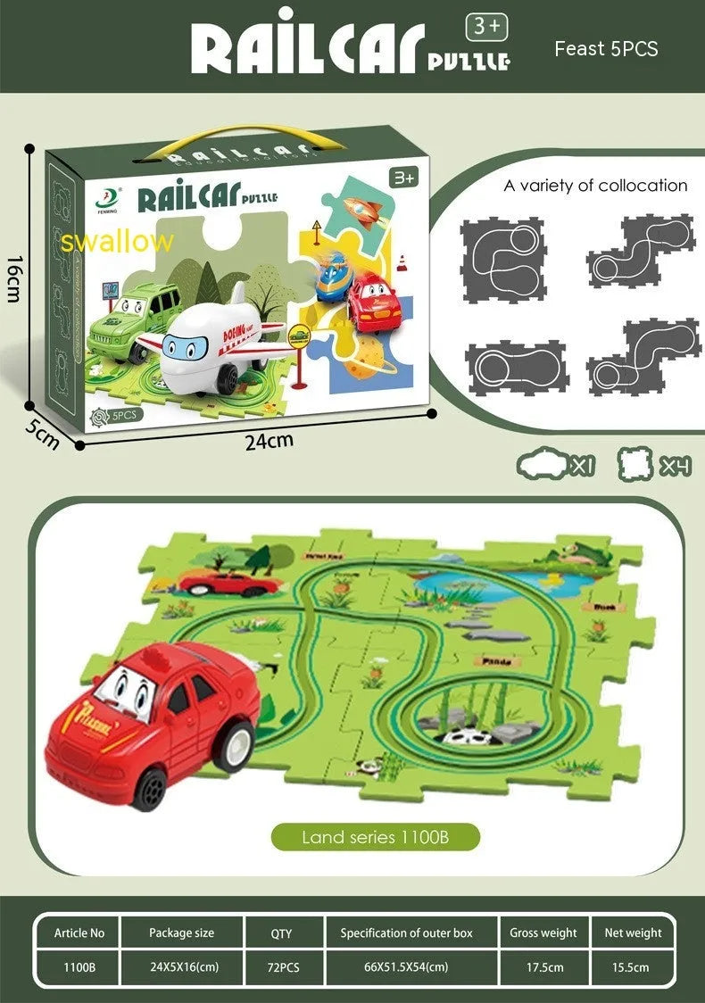 Children puzzle electric railroad speeder with DIY assembly track and automatic car, dinosaur theme