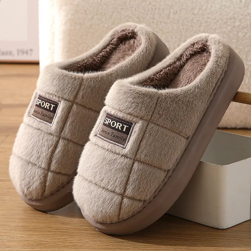 Men's brown and grey plaid cotton slippers with wool lining and a thick EVA sole.