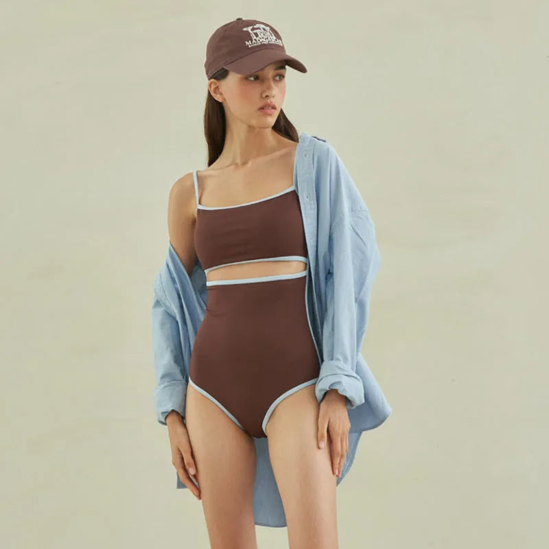 Brown women's triangle one-piece swimsuit with sexy pattern style