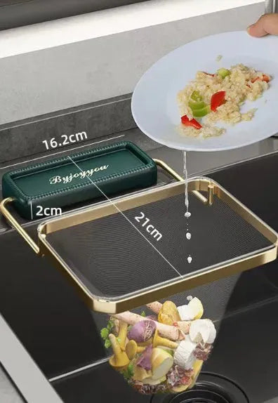 Green kitchen sink filter rack with suction cups and disposable filter pockets for food waste collection