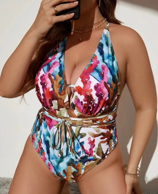 Women's blue halter neck one-piece swimsuit in briefs style