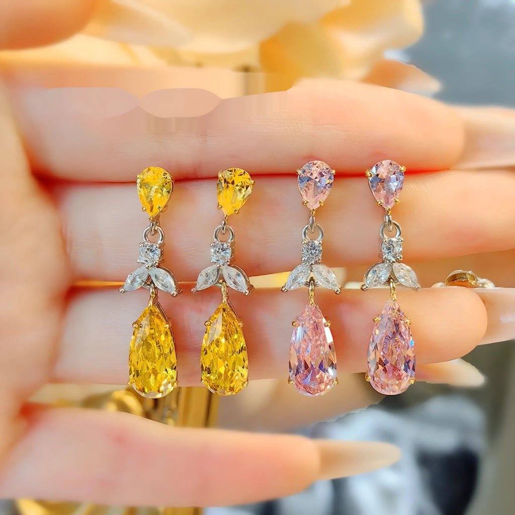 Women's retro floral high-carbon diamond crystal earrings in pink, copper base with flower petal leaf design