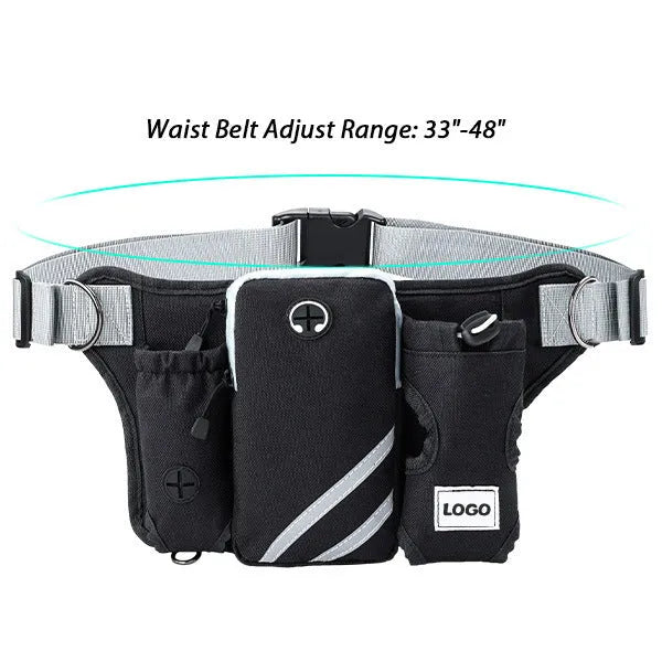 Black waterproof nylon pet training waist bag with dog leash and collar set for outdoor use