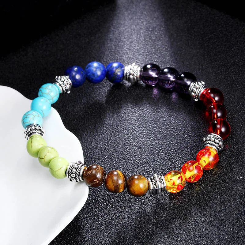 Natural stone colorful chakra energy yoga bracelet on wrist